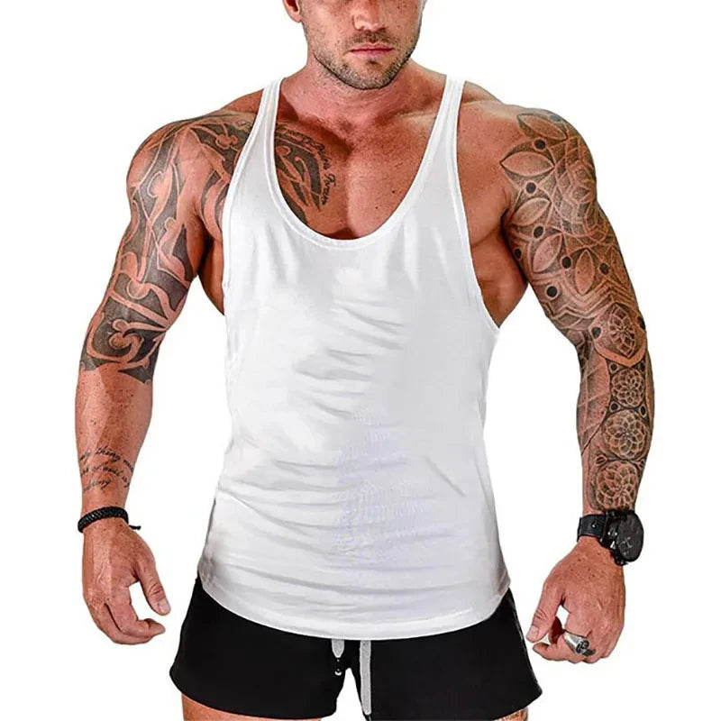 Men’s gym stringer singlet vest in white, scoop neckline and racerback straps
