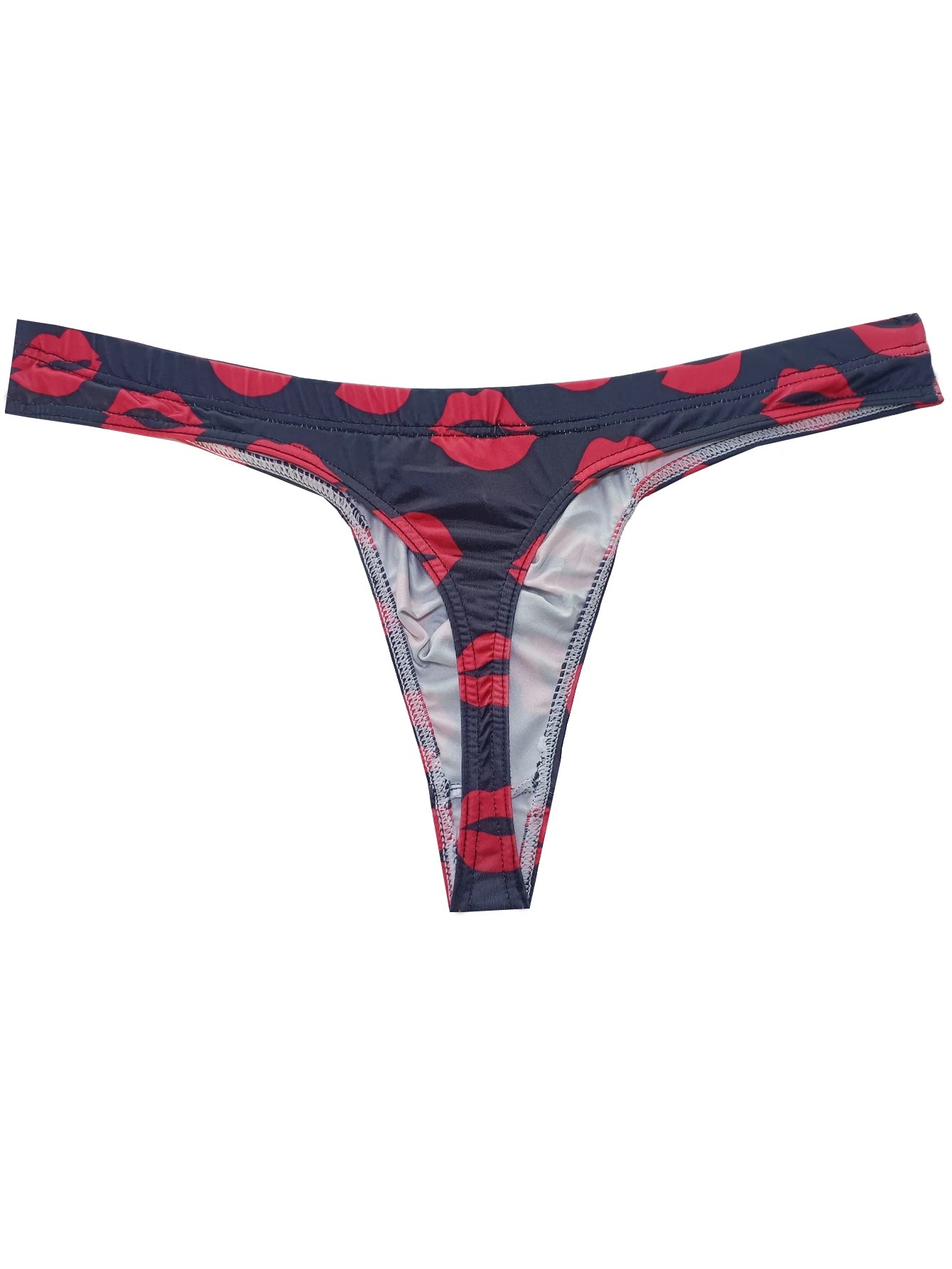 Low-rise thong in dark navy with red lips print, thin sides and elastic leg openings.