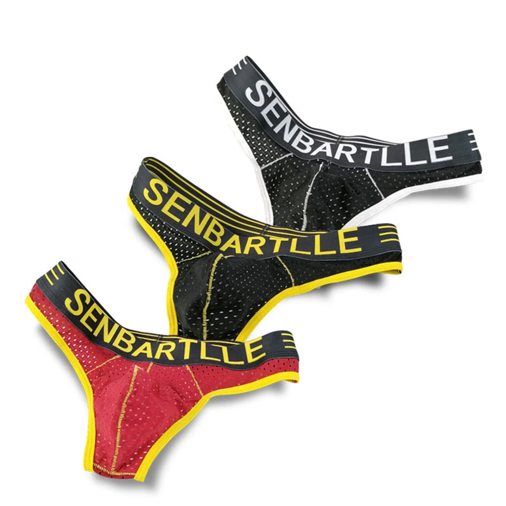 Assorted letter-print U-pouch mesh briefs: black/yellow, red/yellow, and gray-black style