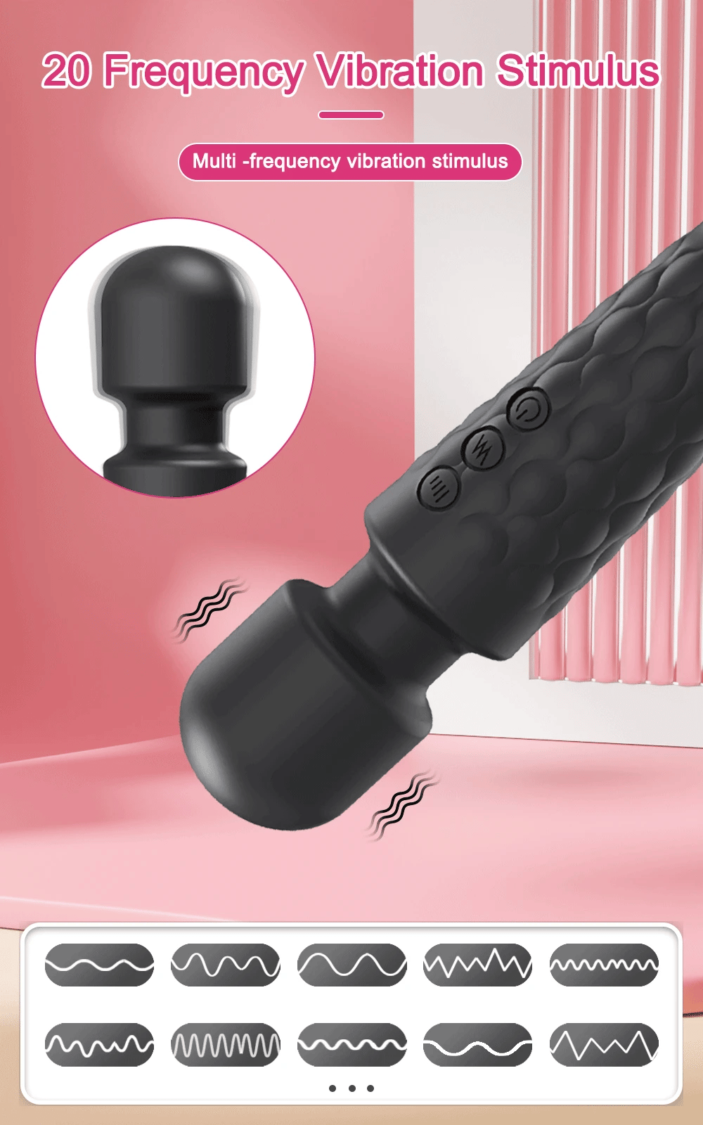 Black G-spot vibrator with textured grip and three circular mode buttons