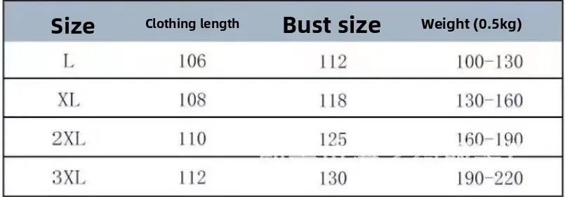 Size chart for sleeveless sleepwear vest dress: clothing length, bust, weight ranges