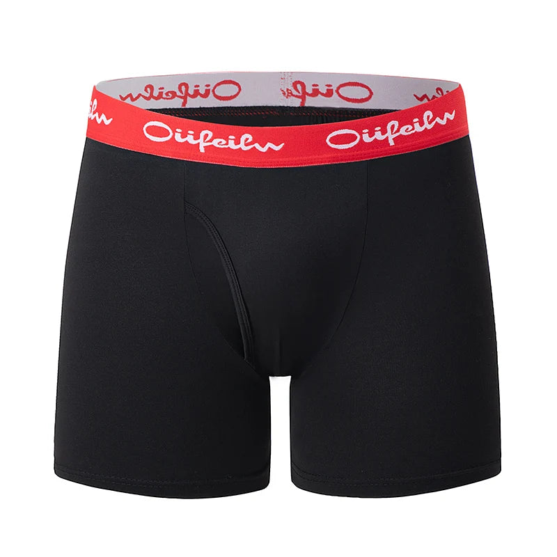 Black boxer briefs with red logo waistband, front view