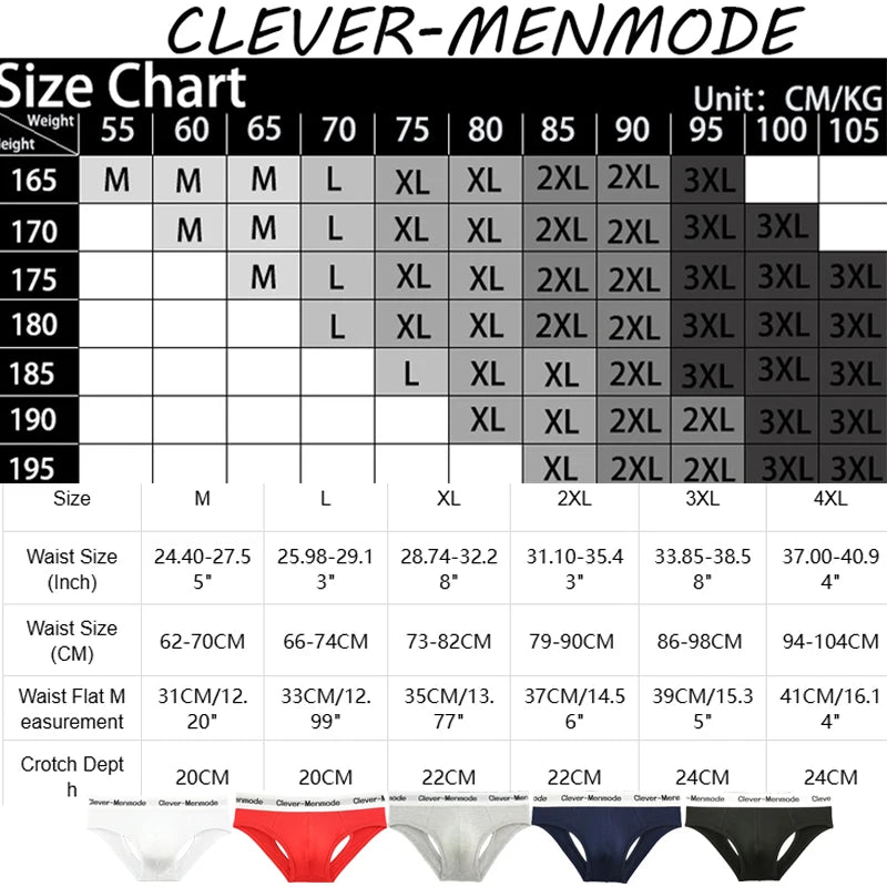 Size chart for open-back cotton anal briefs with waist and crotch depth measurements