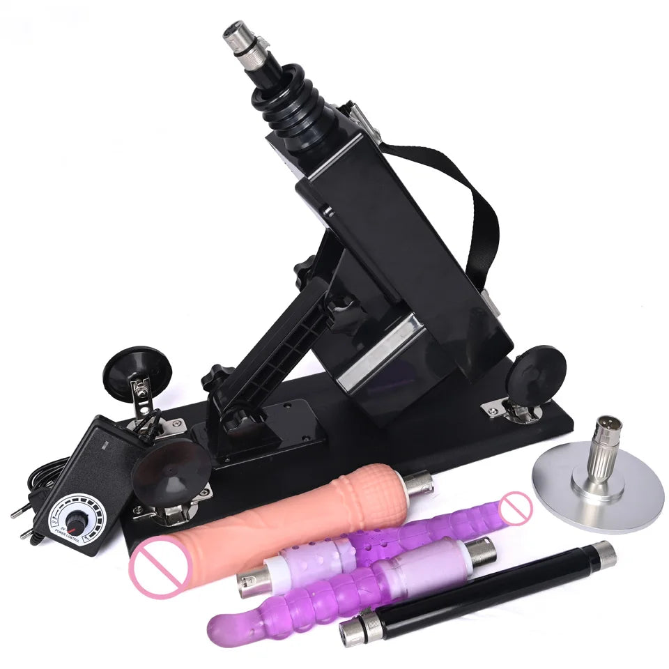 Automatic thrusting sex machine with peach and purple dildos, black base plate and knobs