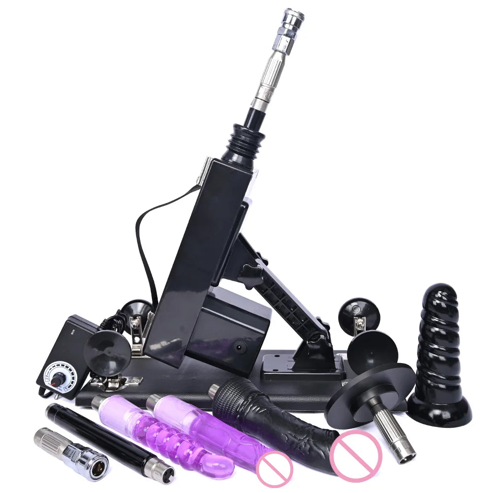 Automatic thrusting sex machine with purple dildo set, black frame and suction-mount base