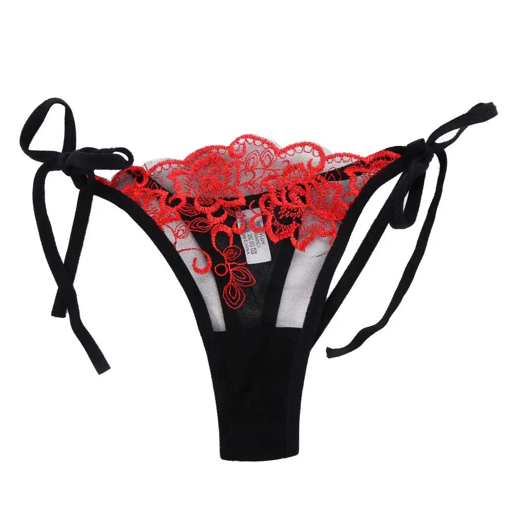 Embroidered lace panty brief in red lace over black with sheer sides and tie bows