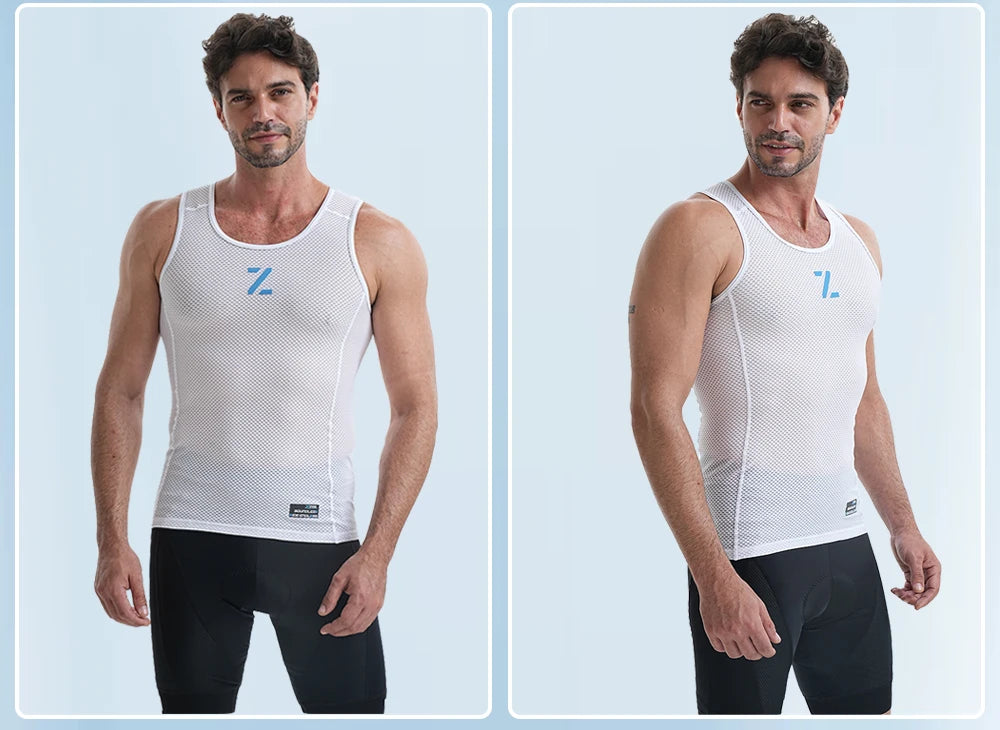 White men's mesh cycling vest base layer on model, front and side profile