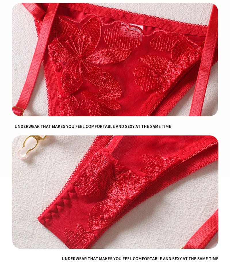 Red embroidered mesh thong with wide lace waistband and sheer side straps