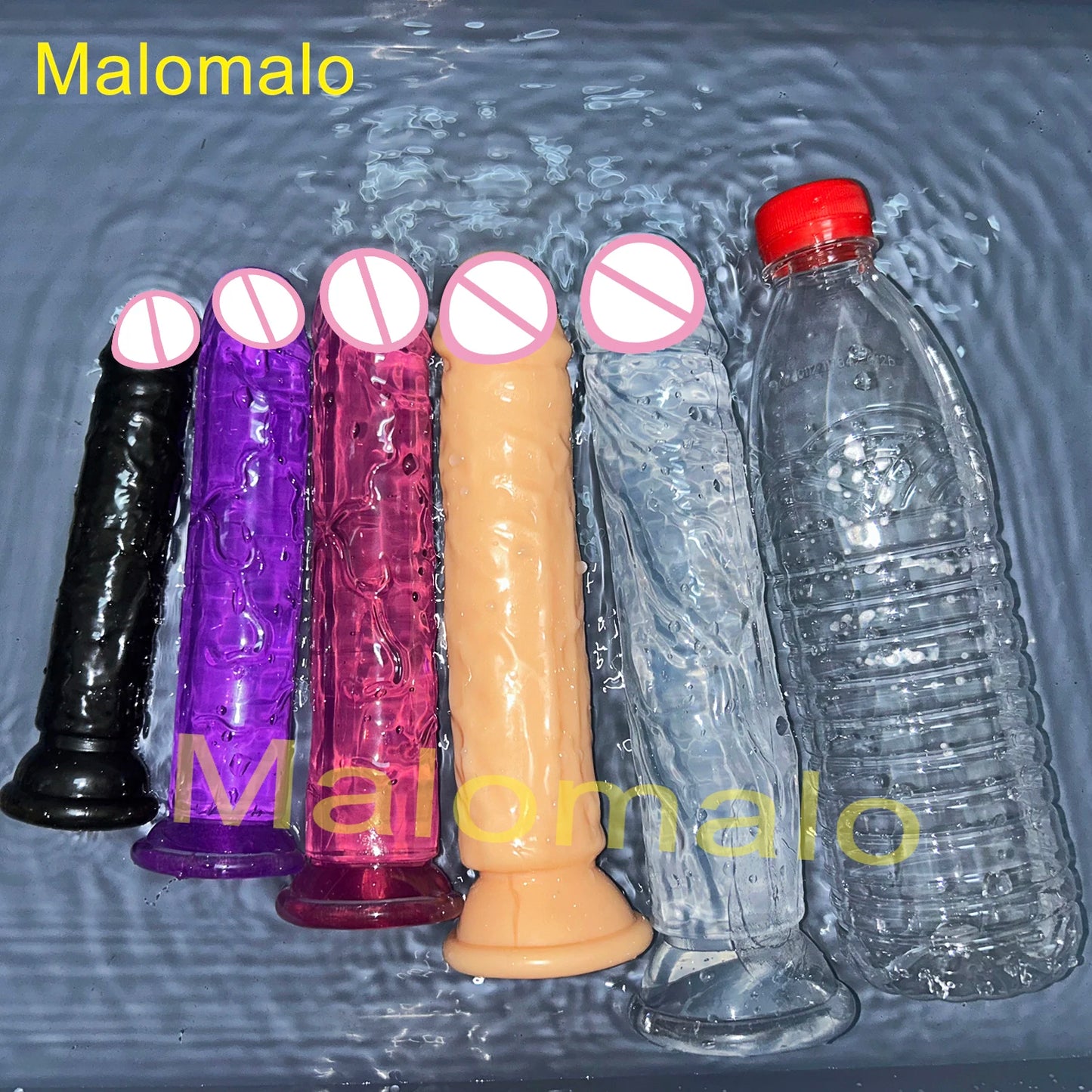 Transparent jelly sex toys with suction bases in black, purple, magenta, flesh, and clear blue