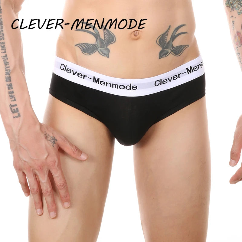 Open-back cotton anal brief, dark navy/black, front view with wide white logo waistband