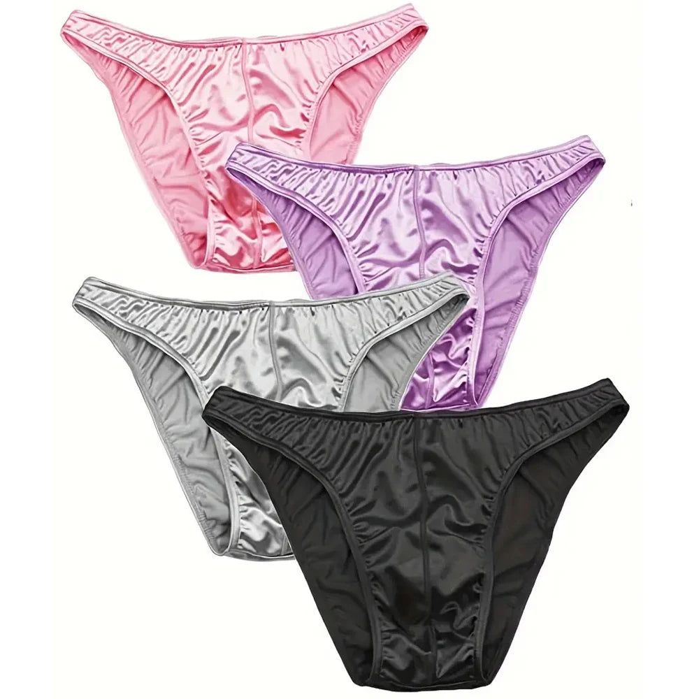 Satin silky briefs set in pink, lavender, silver, and black, 4-pack