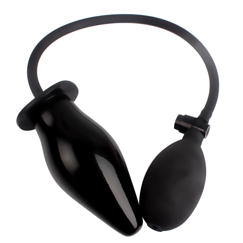 Black inflatable anal plug with attached air pump hose and valve fitting