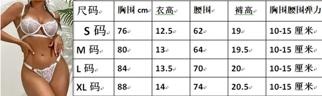 Size chart for lace bra and brief set, S–XL measurements shown.