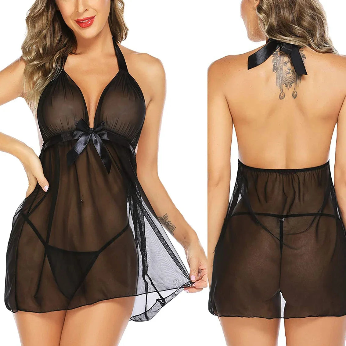 Black lace backless babydoll bodysuit with tie-front and sheer skirt overlay
