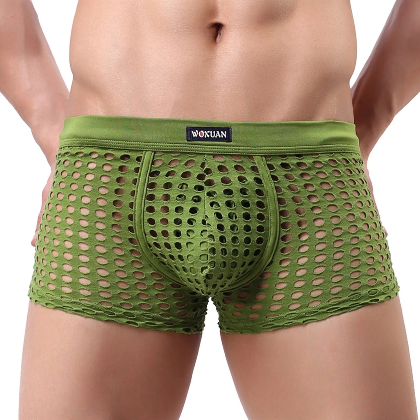 Open-mesh cutout boxer shorts, green, front view with dark pouch and elastic waistband.