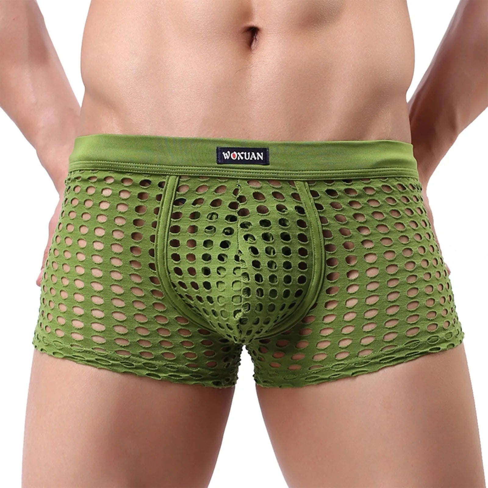 Open-mesh cutout boxer shorts, green, front view with dark pouch and elastic waistband.