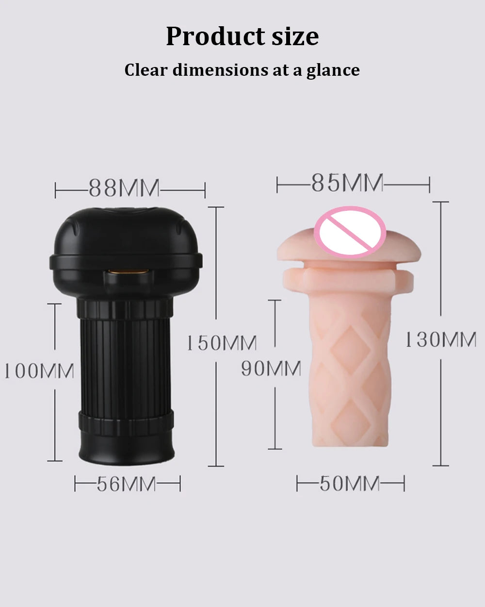 Product size diagram: black body and pink insert, no symbol over opening