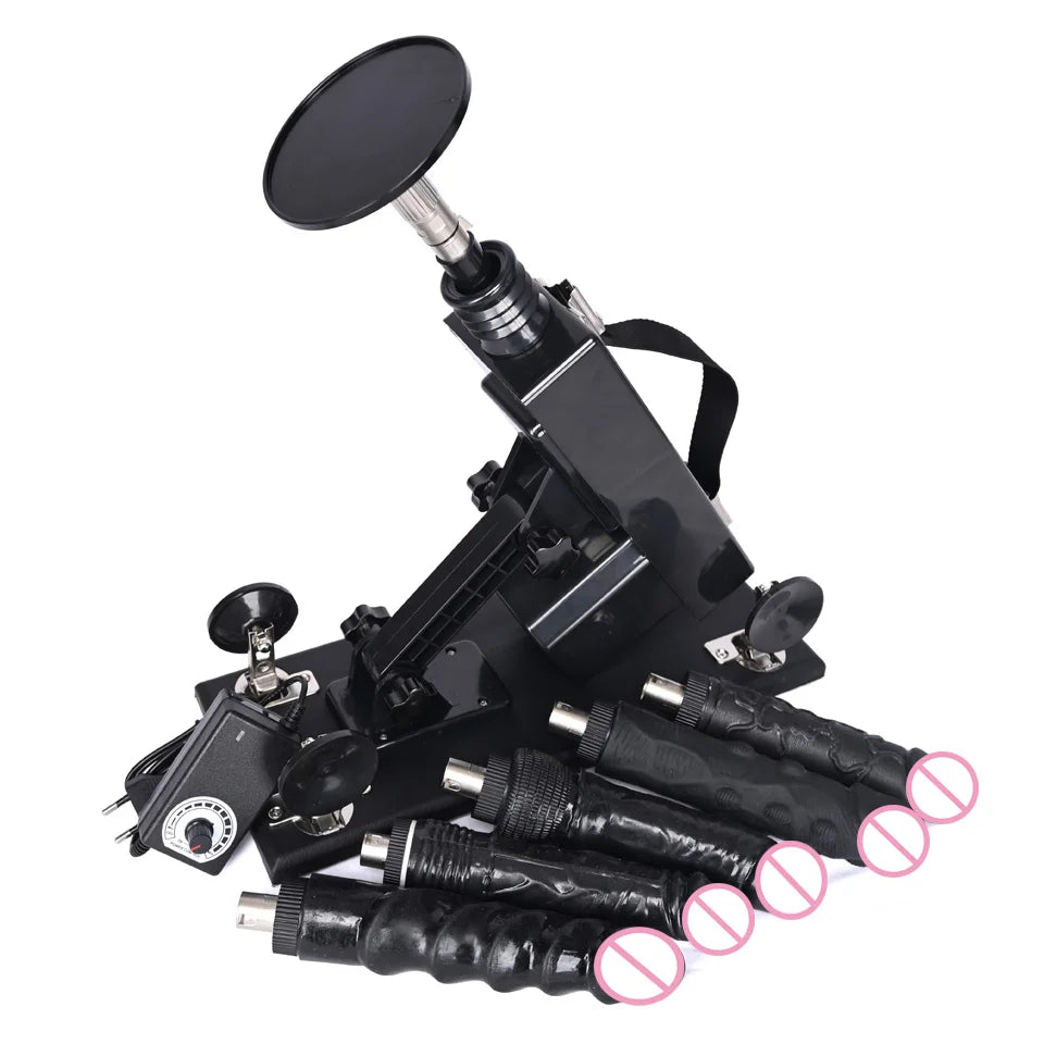 Black automatic thrusting sex machine with multiple black rod attachments and control console