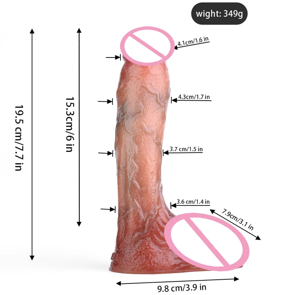 Peach-pink double-layer silicone dildo with suction base, textured surface and flared bottom