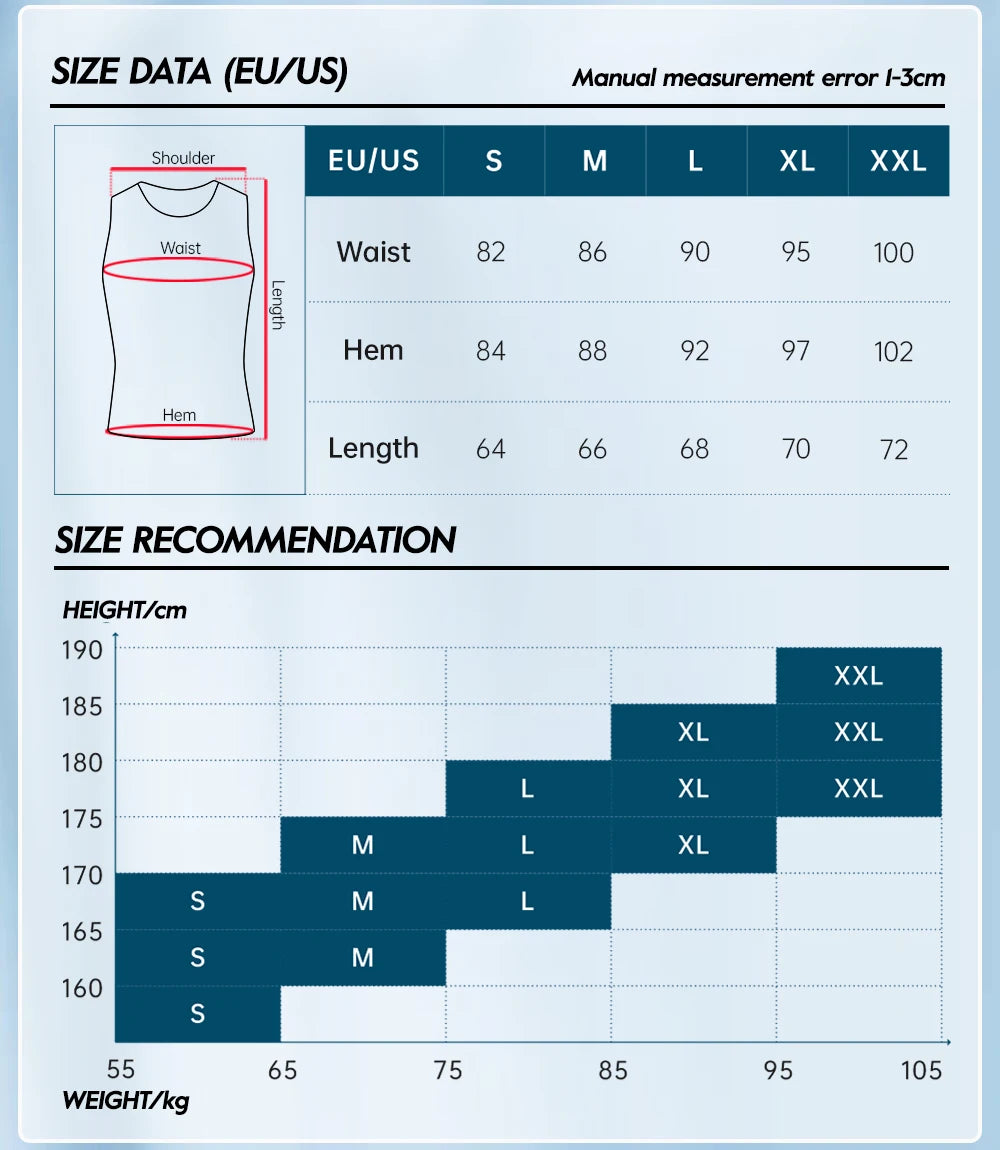 Cycling vest size data chart with waist, hem, and length measurements