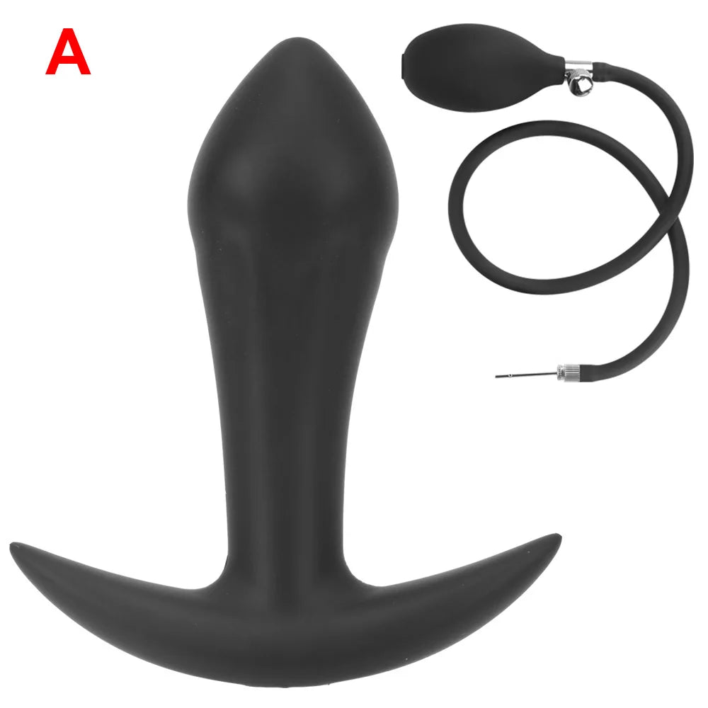 Black inflatable anal plug with central base and attached control loop