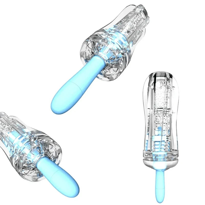 Vibrating stroker cup with translucent body and light-blue soft silicone base tips