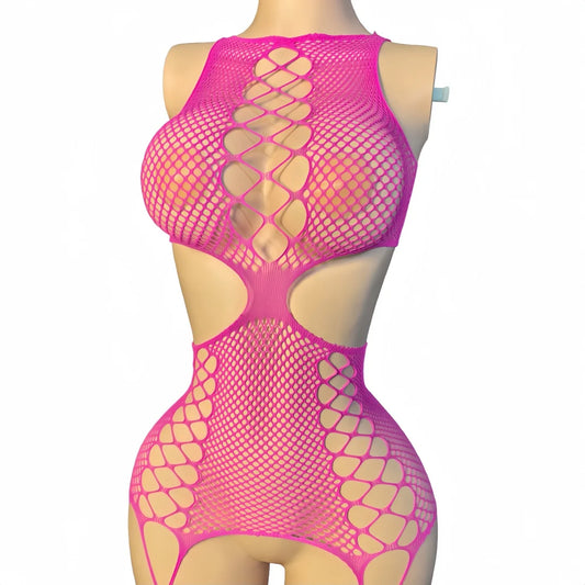 Magenta sheer fishnet bodystocking catsuit, open lattice back and high-cut legs
