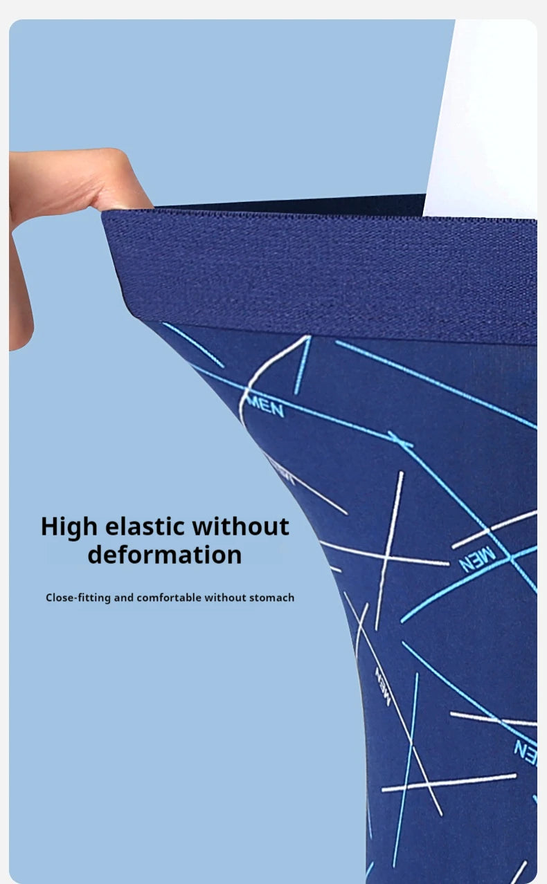 Dark blue stretch trunk with white and light-blue abstract line pattern, curved leg seam