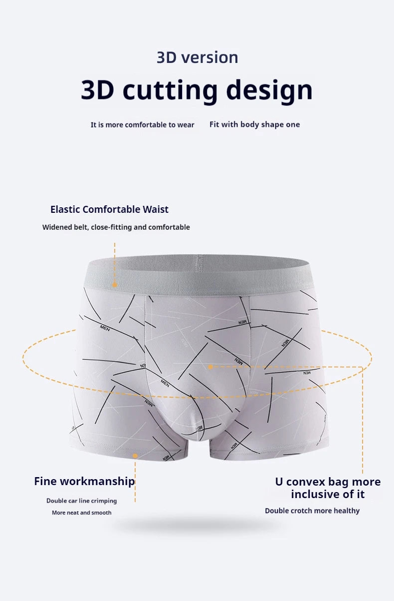 Men’s stretch trunks diagram showing 3D cutting and elastic comfortable waist design