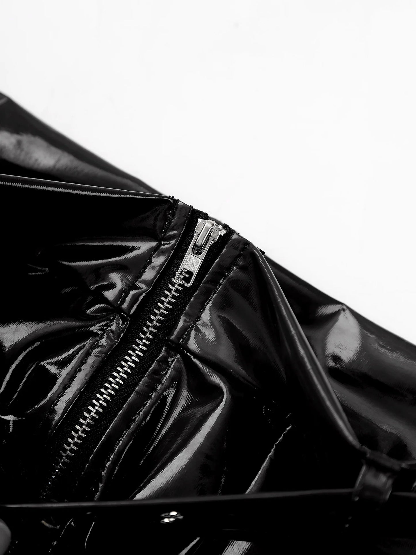Black wet-look PVC boxer briefs with exposed front zipper detail