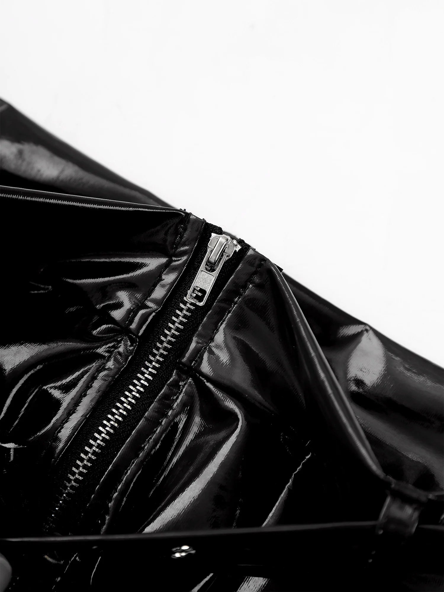 Black wet-look PVC boxer briefs with exposed front zipper detail