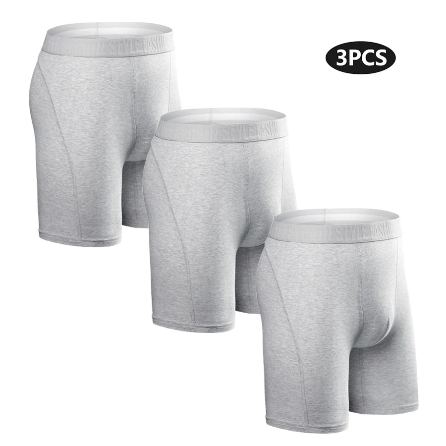 Men's cotton long boxer shorts, 3-pack in light gray