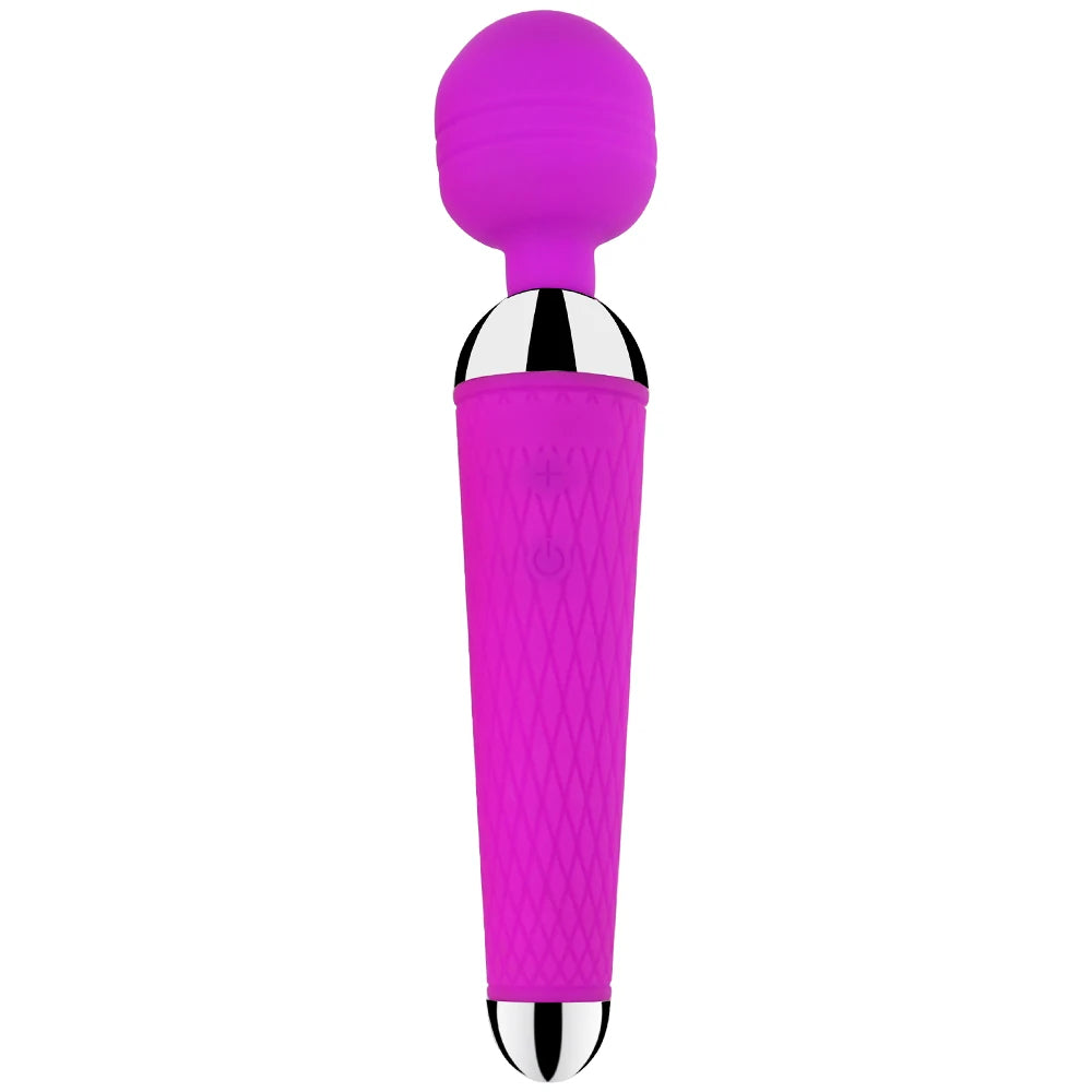 Rechargeable magic wand vibrator in violet with textured handle and domed round head
