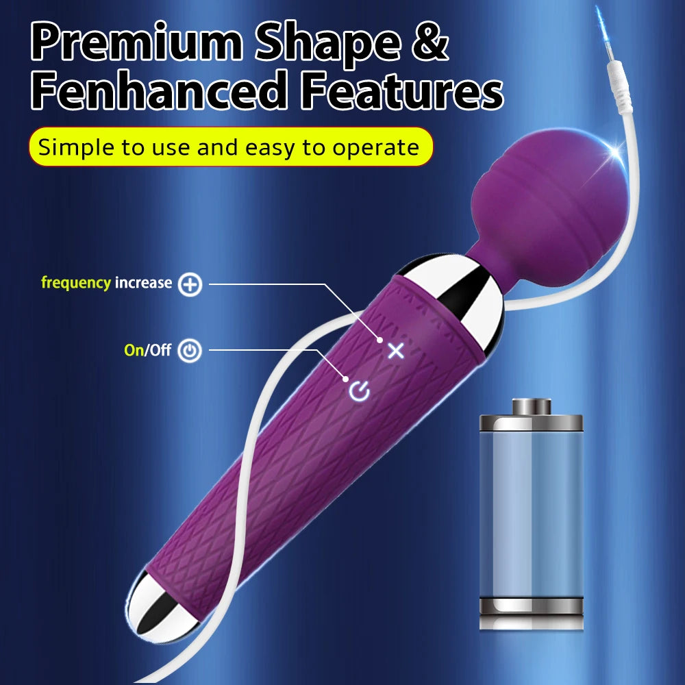 Purple rechargeable magic wand vibrator with control buttons and curved wand head