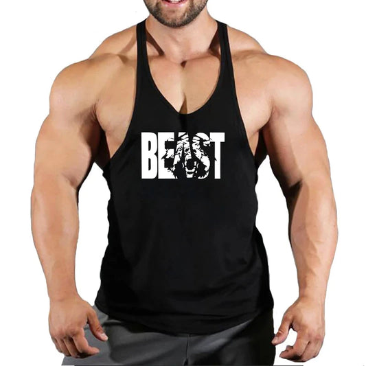 Men's gym stringer singlet vest, black, racerback tank with BEAST logo on chest