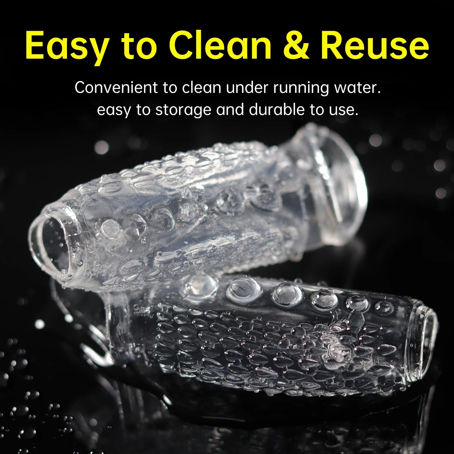 Transparent delay cock ring with clear ribbed texture and small circular grip bumps