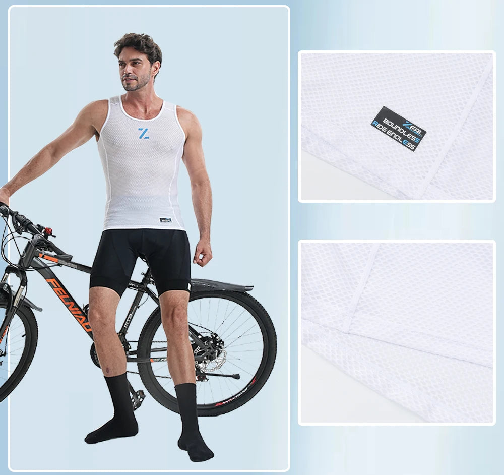 White mesh cycling vest with reflective logo label and textured fabric close-up