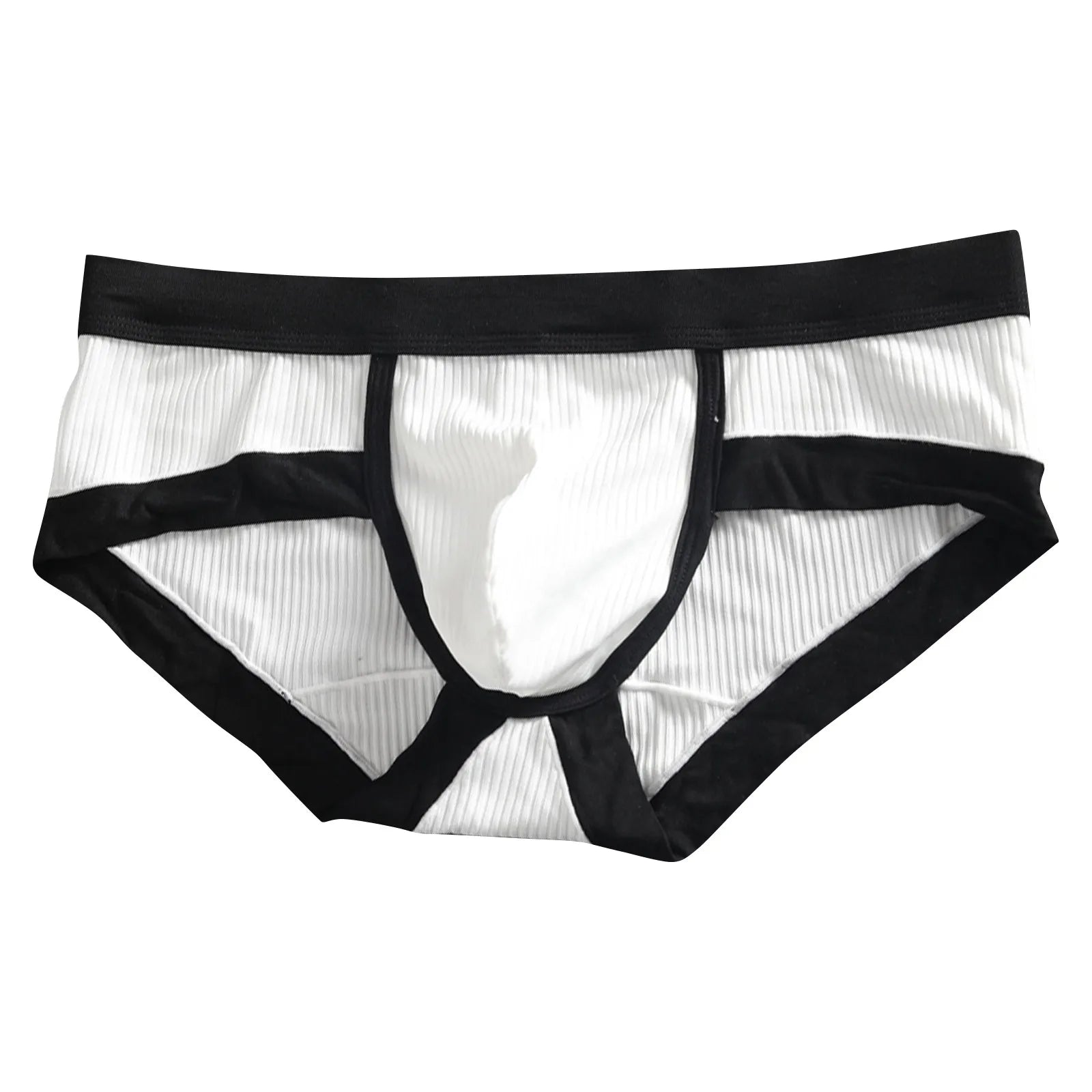 Striped U-pouch low-rise brief in white ribbed fabric with black trim and waistband