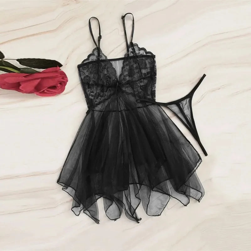 Black sheer lace babydoll set with wide lace cups and layered tulle skirt