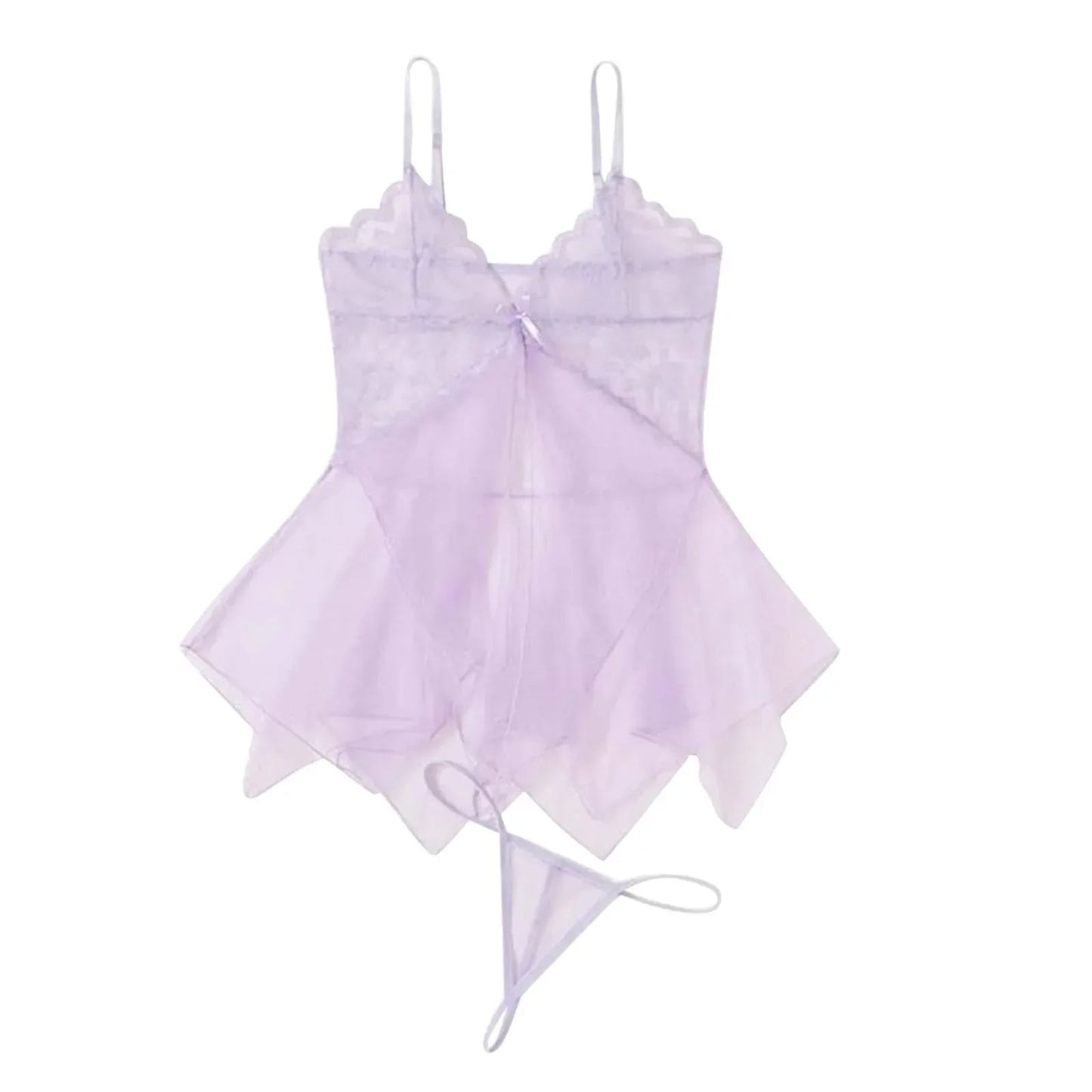 Lavender sheer tulle lace babydoll chemise set with matching thong, adjustable straps