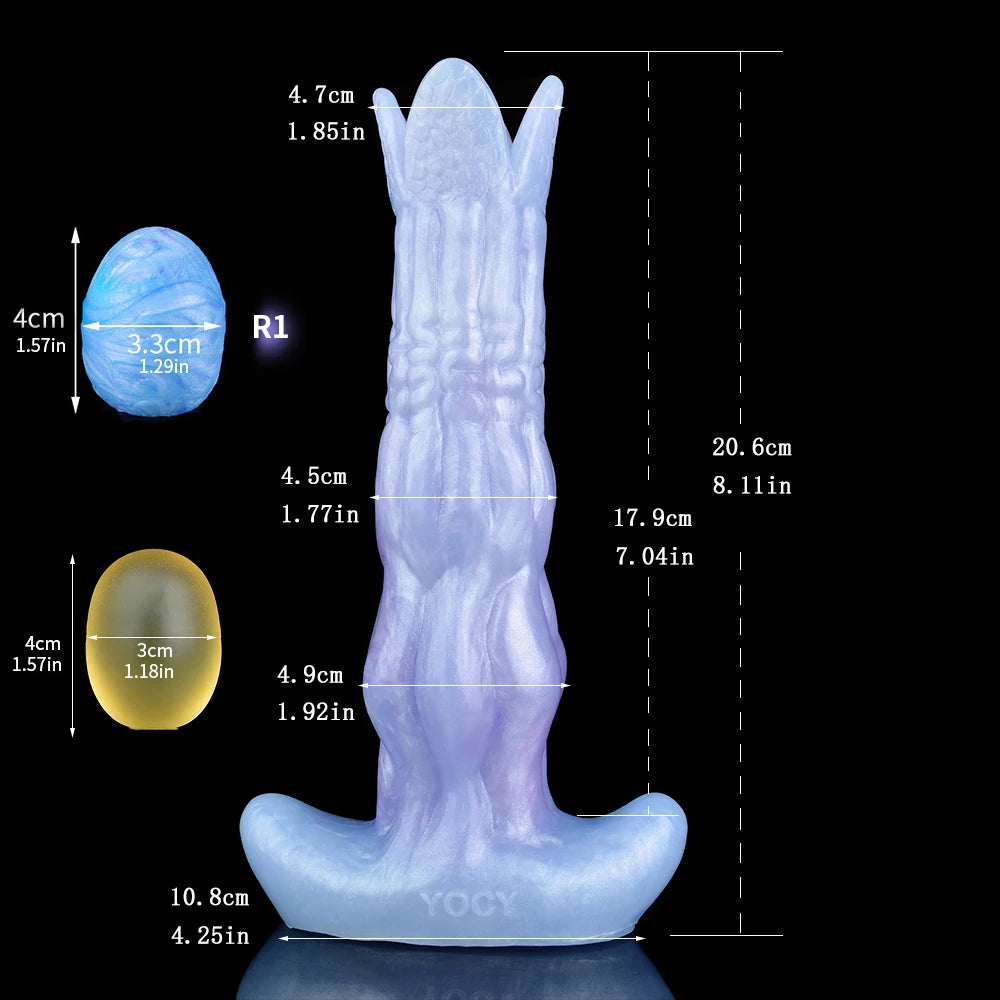 Light blue ovipositor dildo with egg-like base, shown with product size diagram