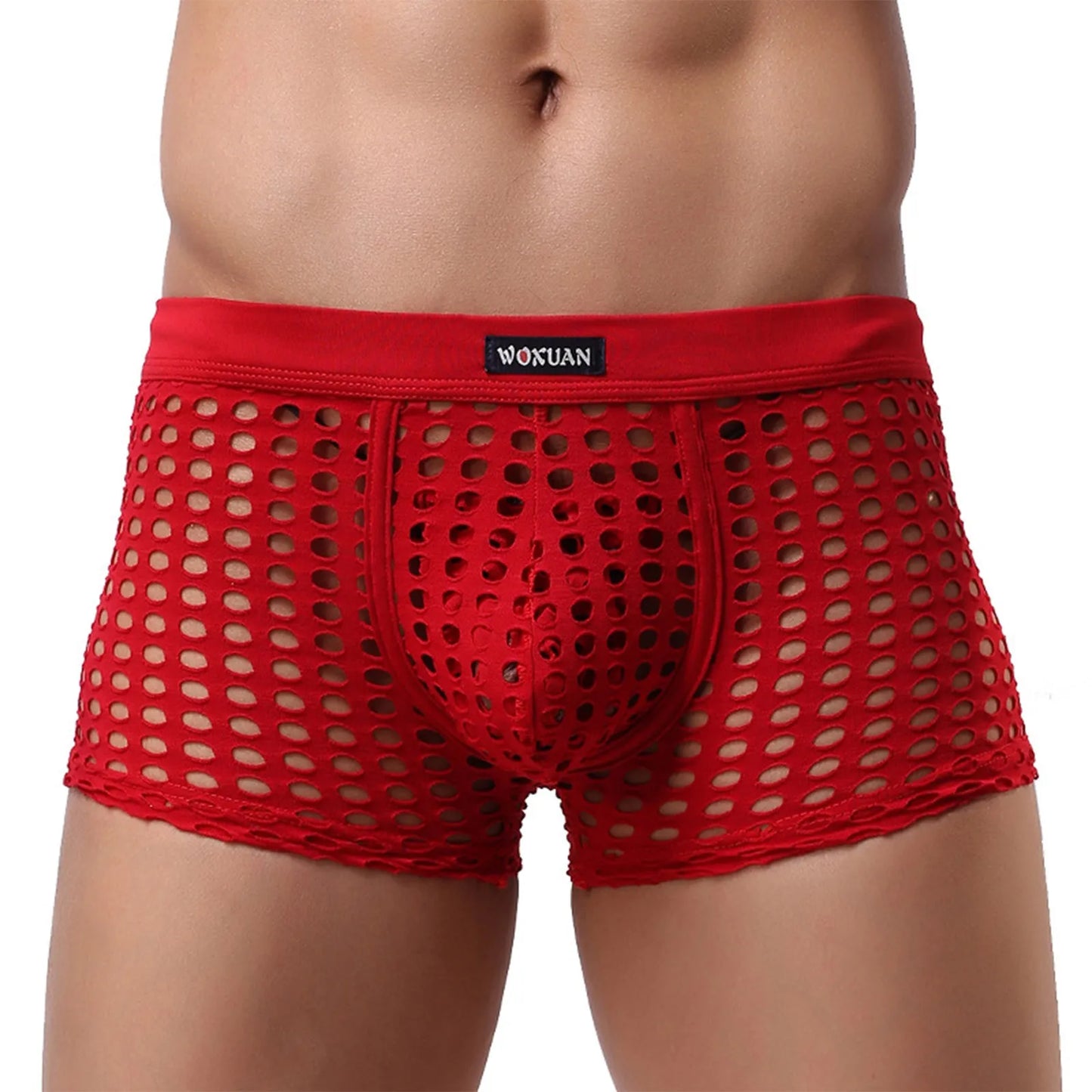 Red open-mesh cutout shorts with perforated panels and central pouch, elastic waistband