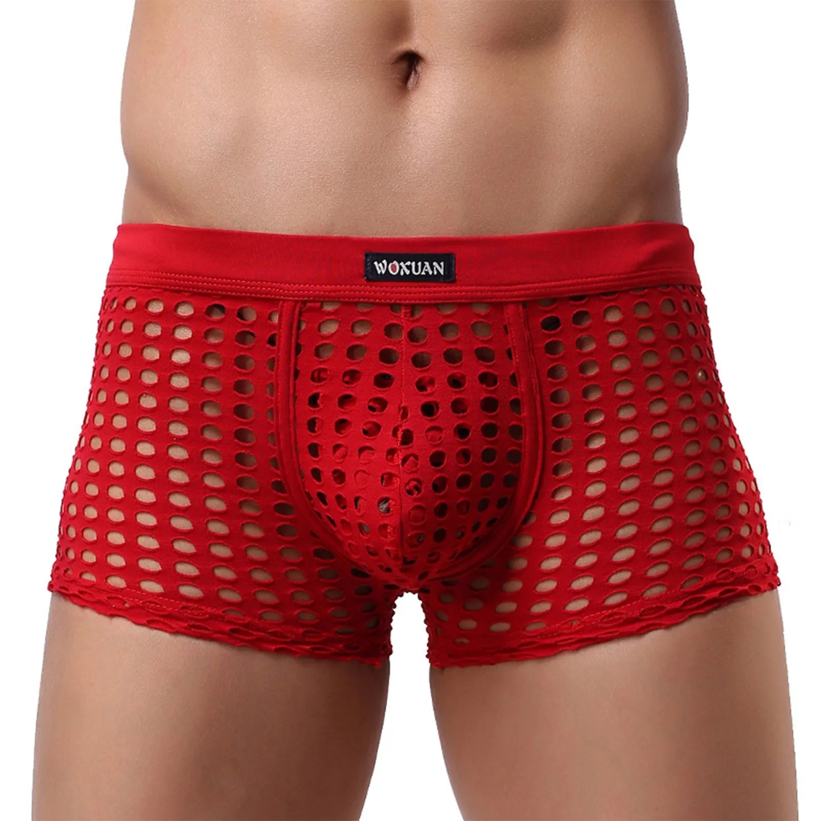 Red open-mesh cutout shorts with perforated panels and central pouch, elastic waistband