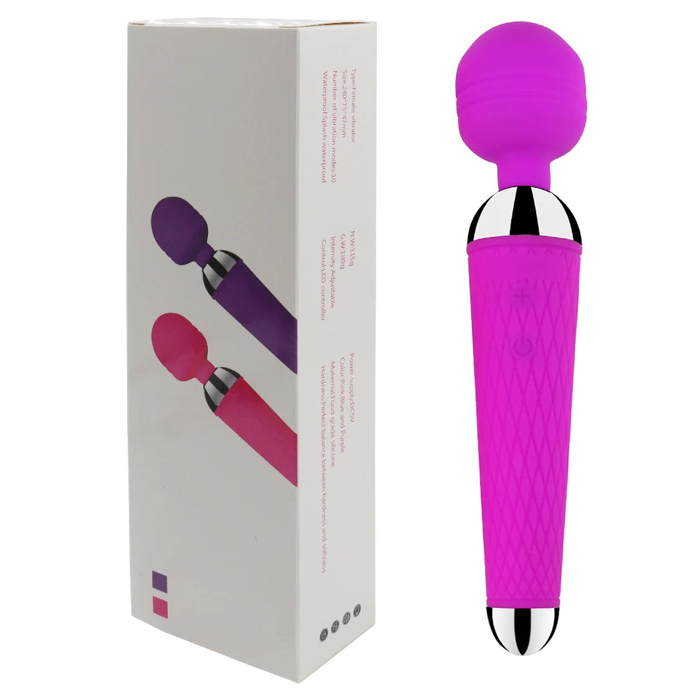 Rechargeable magic wand vibrator in magenta with textured handle and round silicone head