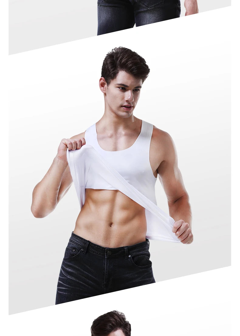 Men's seamless fitness vest, white, front view, scoop neck sleeveless