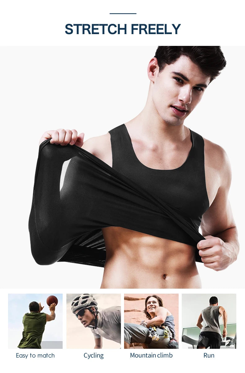 Men's seamless fitness vest, black, sleeveless scoop neck on model