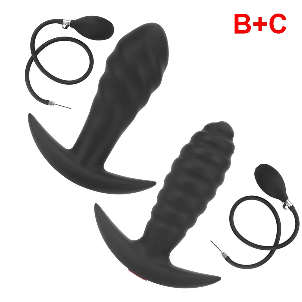 Black inflatable anal plug set with two plugs and two ring straps (B+C)