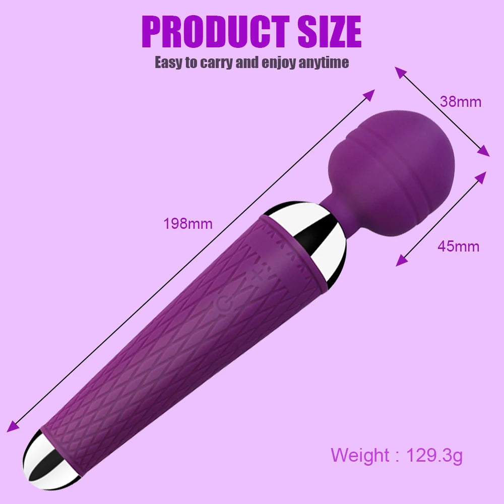 Pink rechargeable magic wand vibrator with rounded head and textured body size diagram