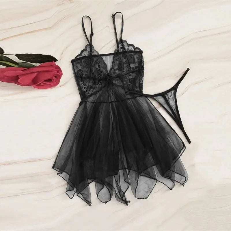 Black sheer tulle lace babydoll chemise set with matching thong, lace cups and straps