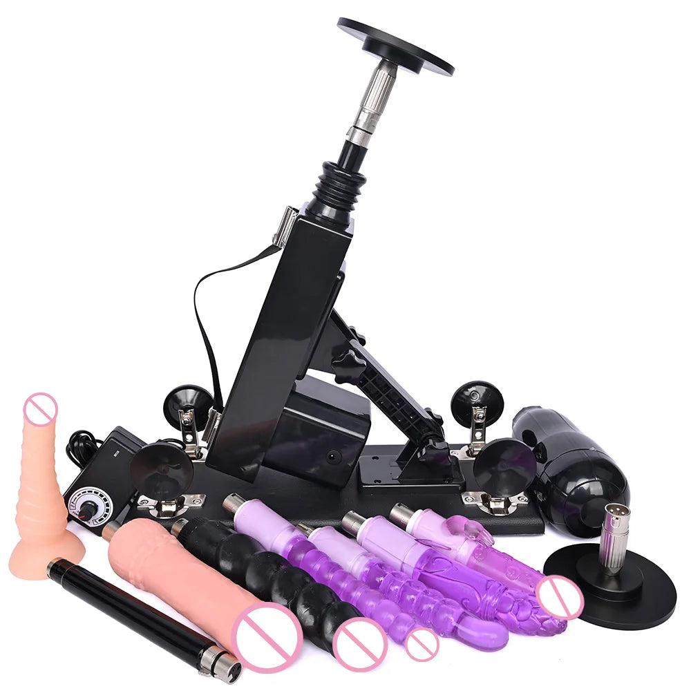 Automatic thrusting sex machine with purple and pink rod attachments and black mounting pieces